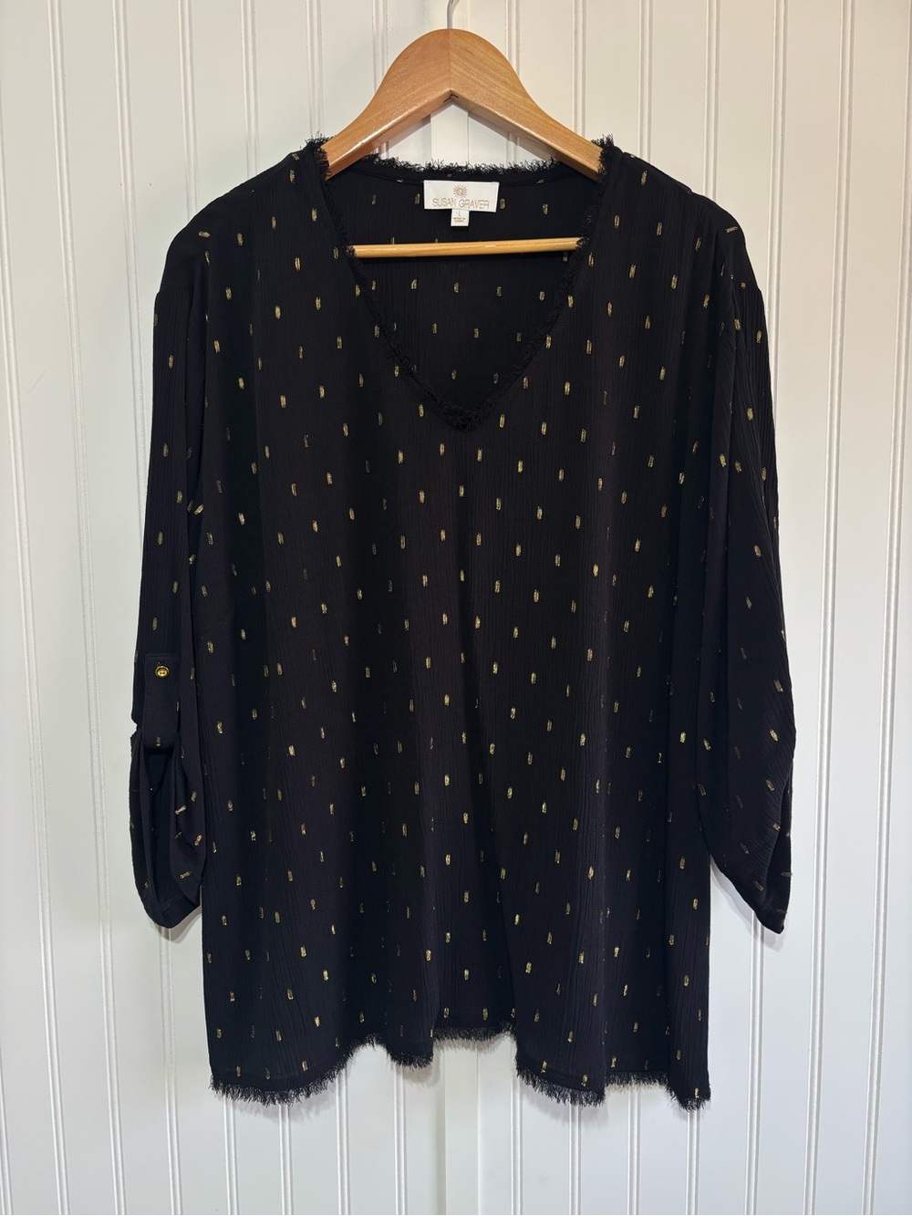 Susan Graver Black Gold Metallic Dot Crinkle Blouse Roll-tab Sleeve Size Large
